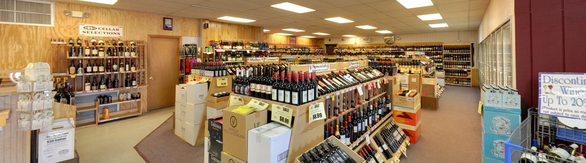 interior of Bennington Beverage outlet showing rows of wine